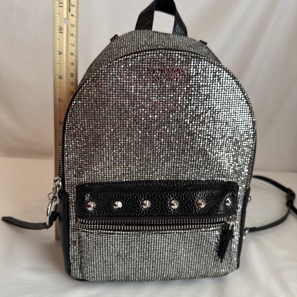 Victorias Secret Silver Sparkle Small City Backpack Purse Bag Studded W/Pockets - Picture 9 of 12